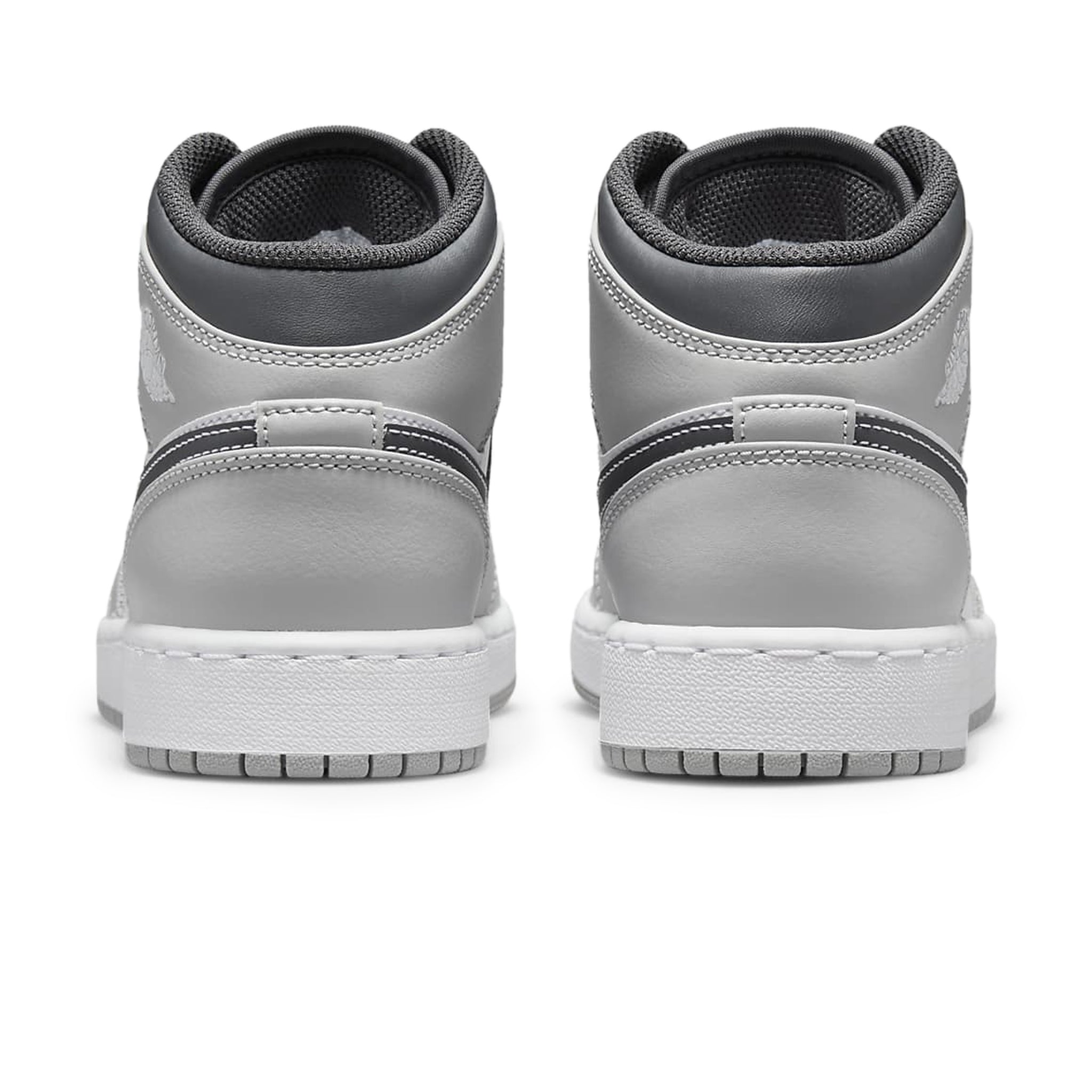 Heel view of Air Jordan 1 Mid Light Smoke Grey Anthracite (GS) 554725-078